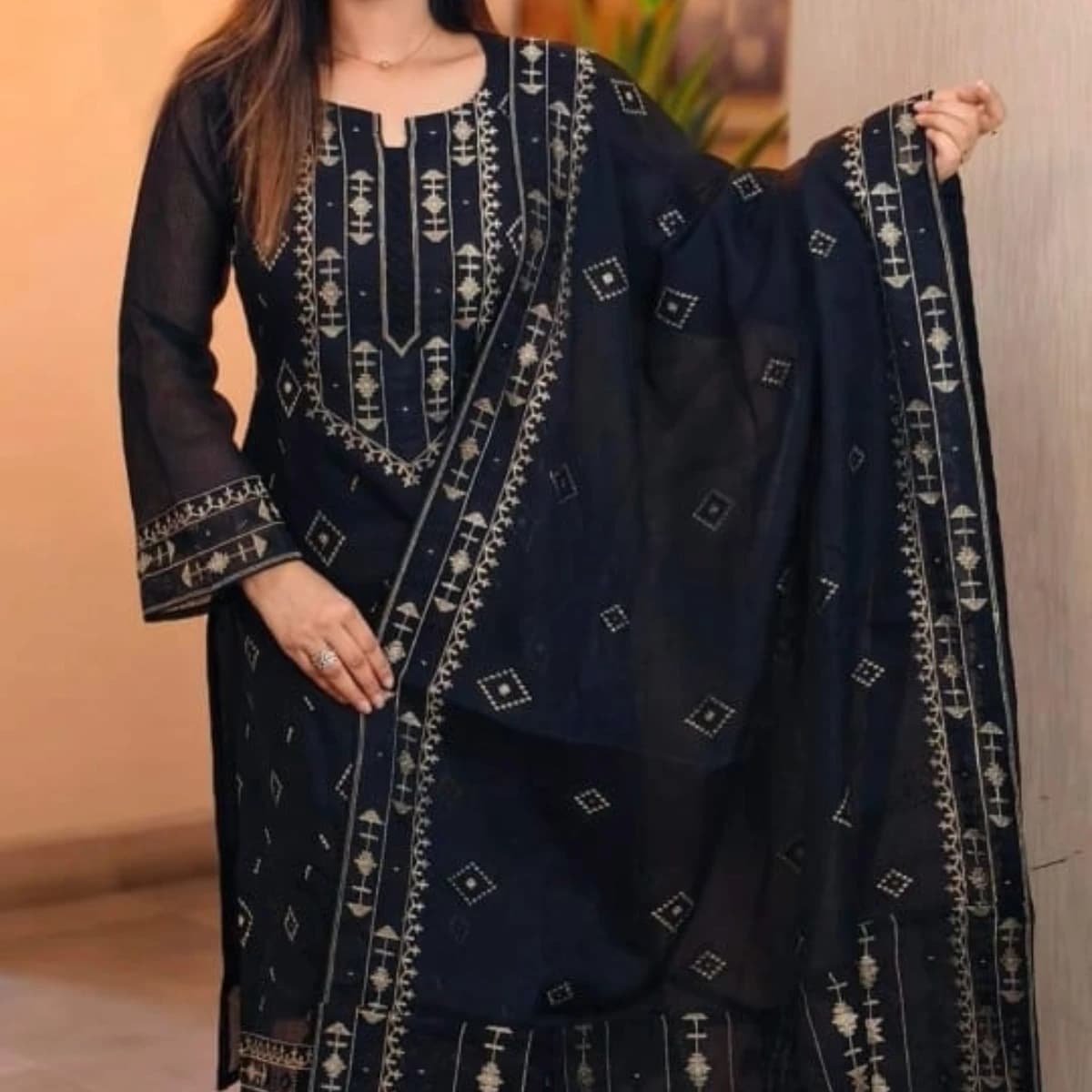 Cotton Black Karchupi Three Piece